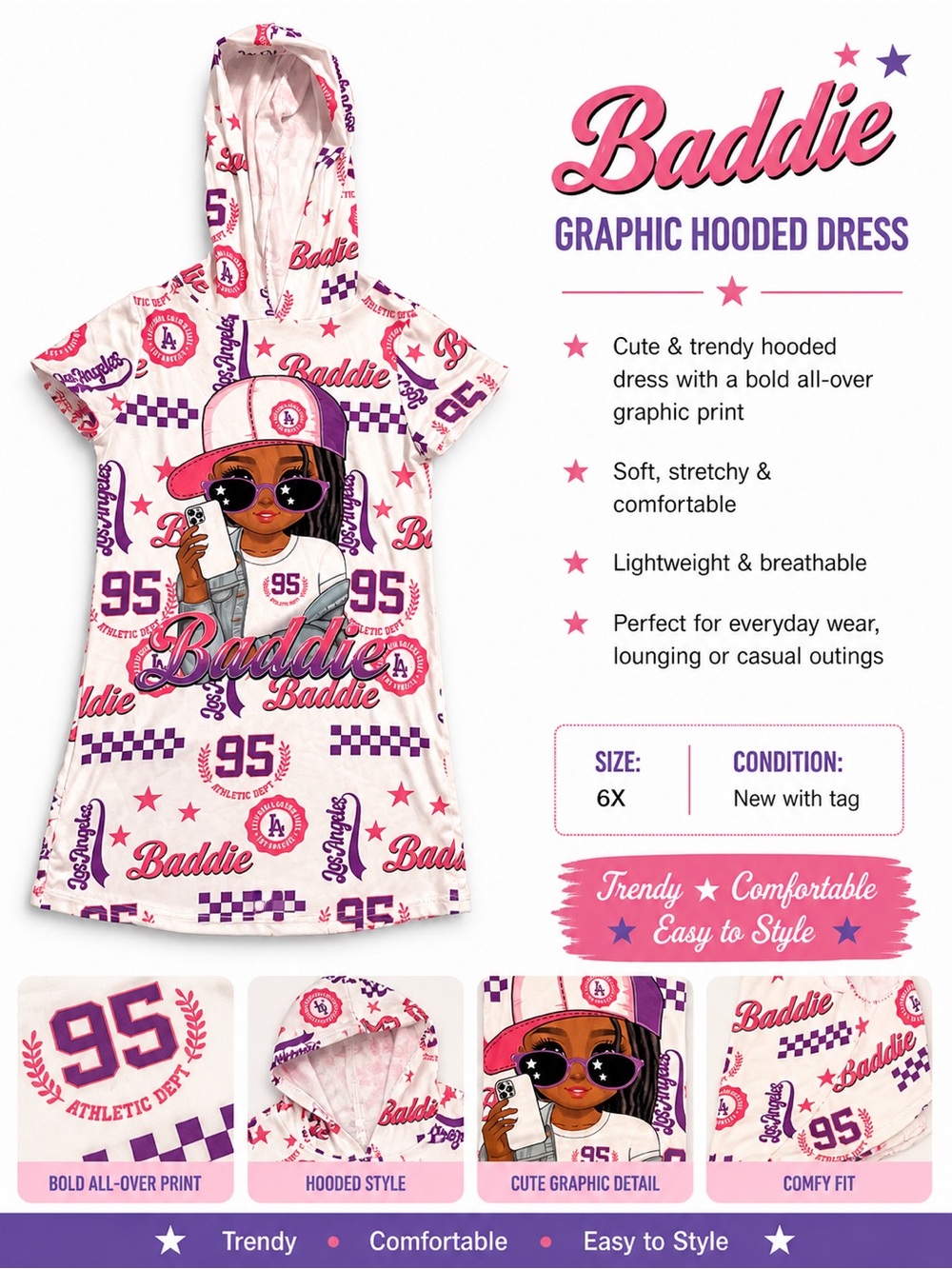Baddie Graphic Hooded Dress – Pink & Purple All-Over Print (66)